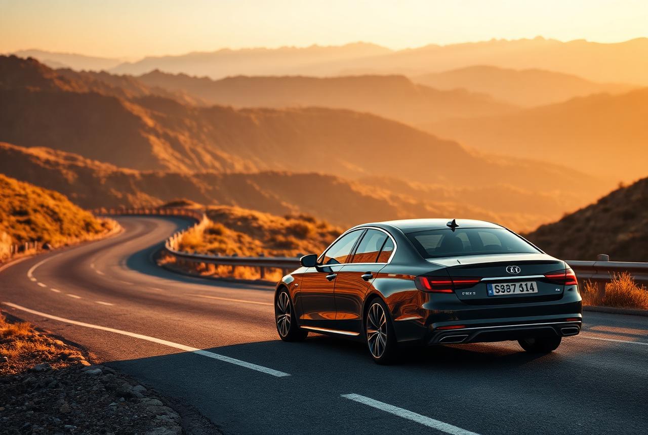 Automóvel premium em estrada de montanha ao pôr do sol